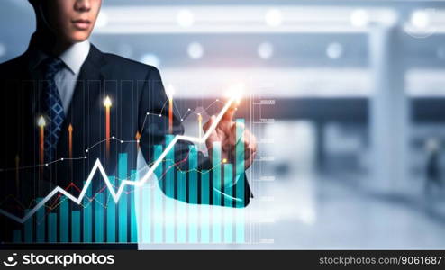 Businessman analyst working with digital finance business data graph showing technology of investment strategy for perceptive financial business decision. Digital economic analysis technology concept.. Businessman working with digital finance business graph of perceptive technology