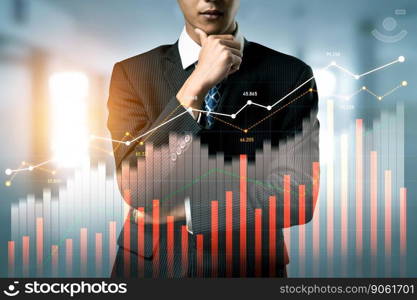 Businessman analyst working with digital finance business data graph showing technology of investment strategy for perceptive financial business decision. Digital economic analysis technology concept.. Businessman working with digital finance business graph of perceptive technology