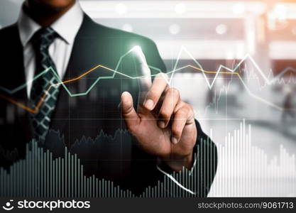 Businessman analyst working with digital finance business data graph showing technology of investment strategy for perceptive financial business decision. Digital economic analysis technology concept.. Businessman working with digital finance business graph of perceptive technology