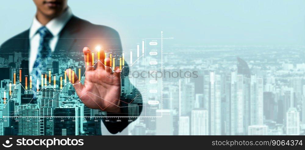 Businessman analyst working with digital finance business data graph showing technology of investment strategy for perceptive financial business decision. Digital economic analysis technology concept.. Businessman working with digital finance business graph of perceptive technology