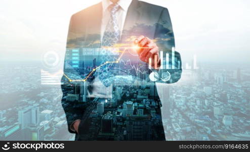 Businessman analyst working with digital finance business data graph showing technology of investment strategy for perceptive financial business decision. Digital economic analysis technology concept.. Businessman working with digital finance business graph of perceptive technology