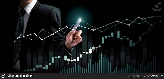 Businessman analyst working with digital finance business data graph showing technology of investment strategy for perceptive financial business decision. Digital economic analysis technology concept.. Businessman working with digital finance business graph of perceptive technology