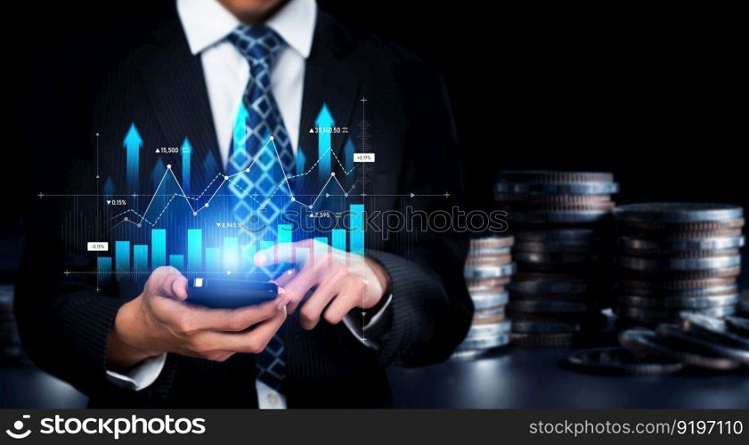 Businessman analyst working with digital finance business data graph showing technology of investment strategy for perceptive financial business decision. Digital economic analysis technology concept.. Businessman working with digital finance business graph of perceptive technology