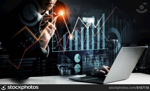 Businessman analyst working with digital finance business data graph showing technology of investment strategy for perceptive financial business decision. Digital economic analysis technology concept.. Businessman working with digital finance business graph of perceptive technology