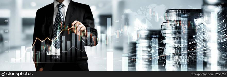 Businessman analyst working with digital finance business data graph showing technology of investment strategy for perceptive financial business decision. Digital economic analysis technology concept.. Businessman working with digital finance business graph of perceptive technology