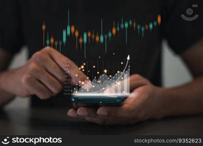 Businessman analyzing financial data and checking stock market trends on his smartphone. Economic growth and investment concept. 