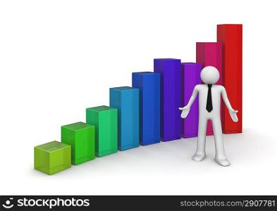 Businessman and bar graph (3d business isolated characters on white background series)