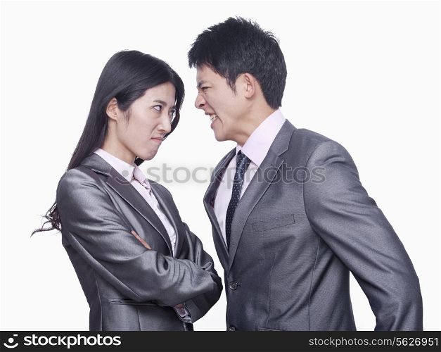 Businessman and businesswoman angry at each other