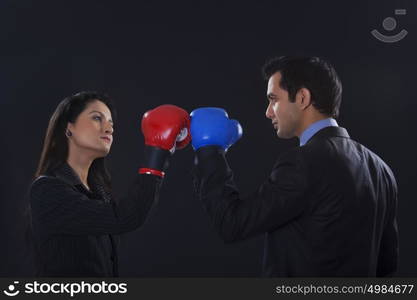 Businessman and businesswoman boxing