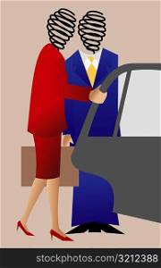 Businessman and businesswoman getting into a car