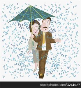 Businessman and businesswoman holding an umbrella