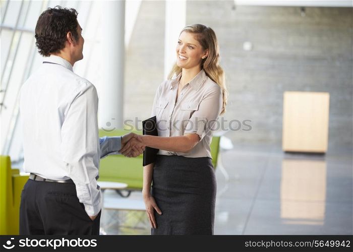 Businessman And Businesswoman Shaking Hands In Office