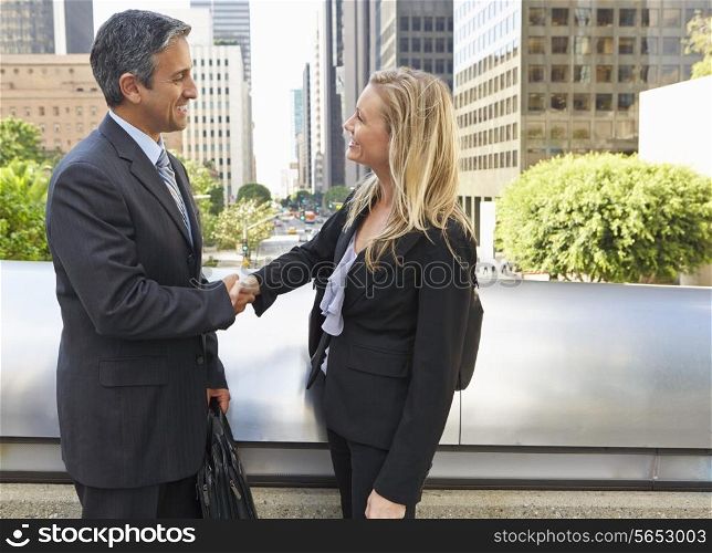 Businessman And Businesswoman Shaking Hands In Street