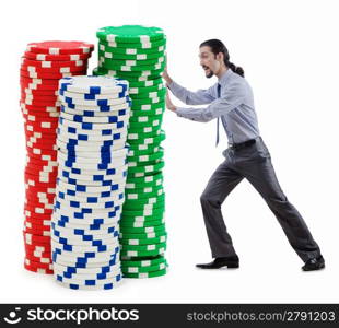 Businessman and casino chips on white