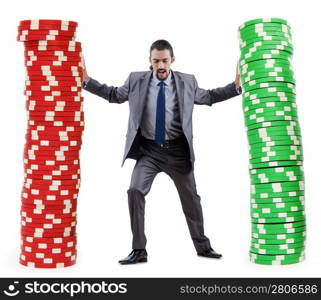 Businessman and casino chips on white