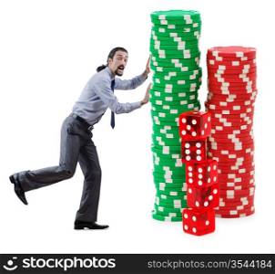 Businessman and casino chips on white