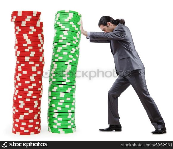 Businessman and casino chips on white