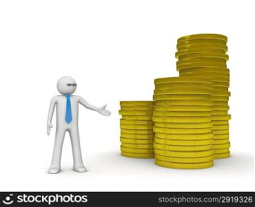 Businessman and heap of coins (3d isolated characters on white background series)