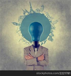 businessman and light bulb head and traveling around the world as vintage style concept