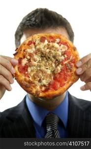 businessman and pizza junk fast food, studio white background