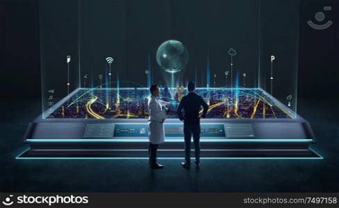 Businessman and scientist discuss in front of smart city virtual display screen from futuristic lab control room . Graphs and icons on virtual screen background. Business and technology concept .