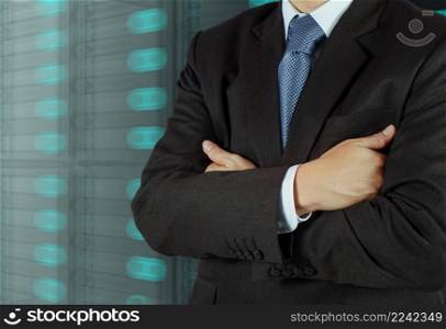 businessman and server room background as concept