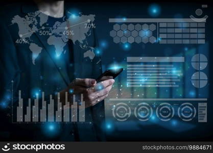 Businessman and technology global social media concept background with businessman using mobile analyzing data and economic with network connection on modern virtual interface.Business strategy.