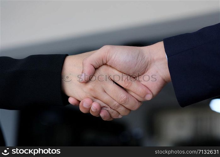 Businessman and woman handshake at office, business cooperation, success in business concept