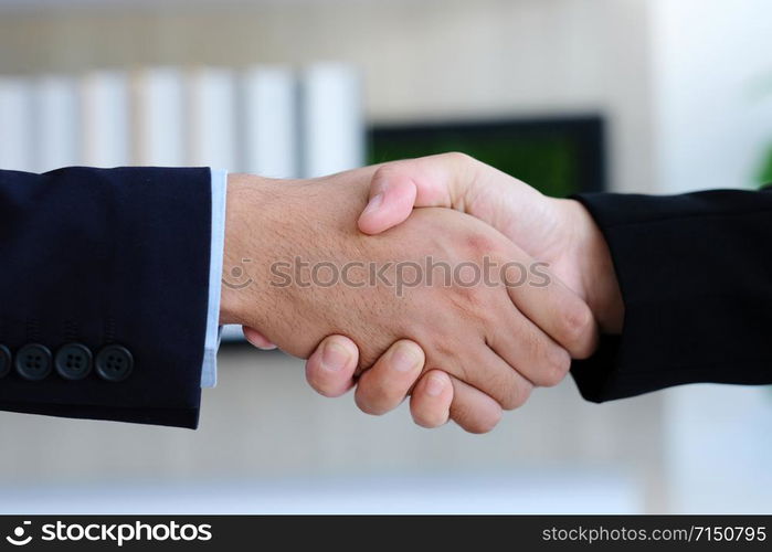 Businessman and woman handshake at office, business cooperation, success in business concept