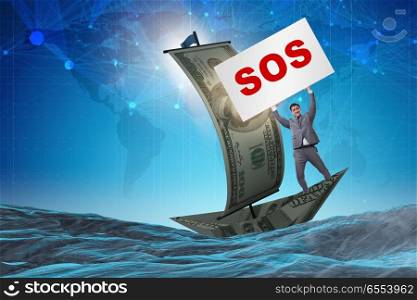 Businessman asking for help with SOS message on boat