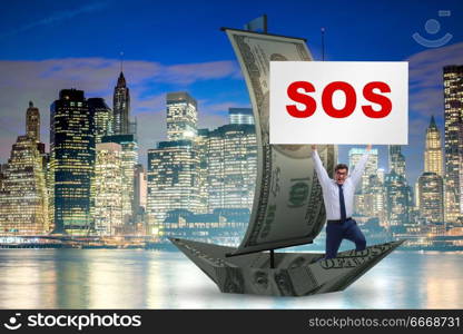 Businessman asking for help with SOS message on boat