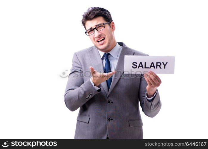 Businessman asking for salary increase isolated on white backgro. Businessman asking for salary increase isolated on white background