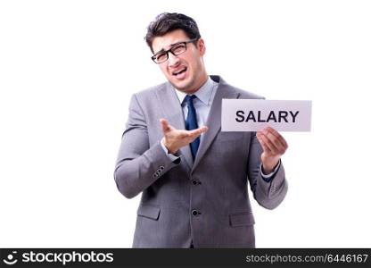 Businessman asking for salary increase isolated on white backgro. Businessman asking for salary increase isolated on white background