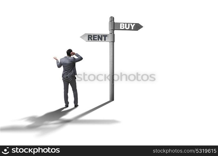 Businessman at crossroads betweem buying and renting on white