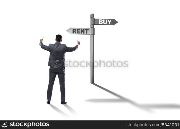 Businessman at crossroads betweem buying and renting on white