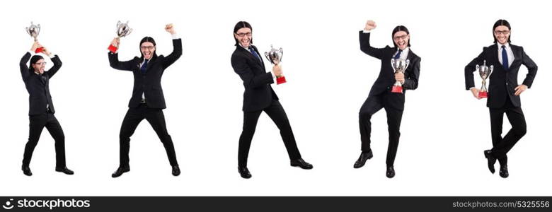 Businessman awarded with prize cup isolated on white