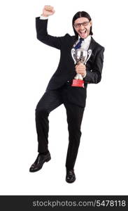 Businessman awarded with prize cup isolated on white