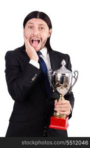 Businessman awarded with prize cup isolated on white