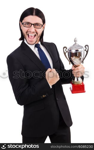 Businessman awarded with prize cup isolated on white