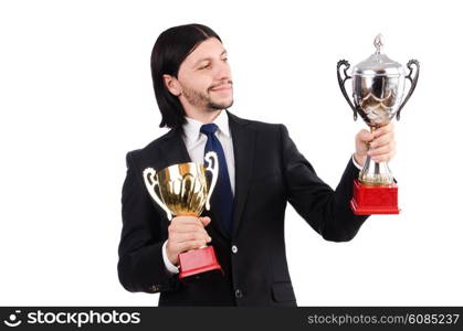 Businessman awarded with prize cup isolated on white