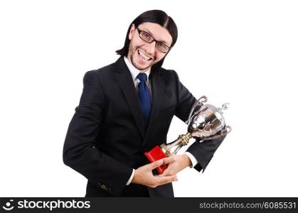 Businessman awarded with prize cup isolated on white