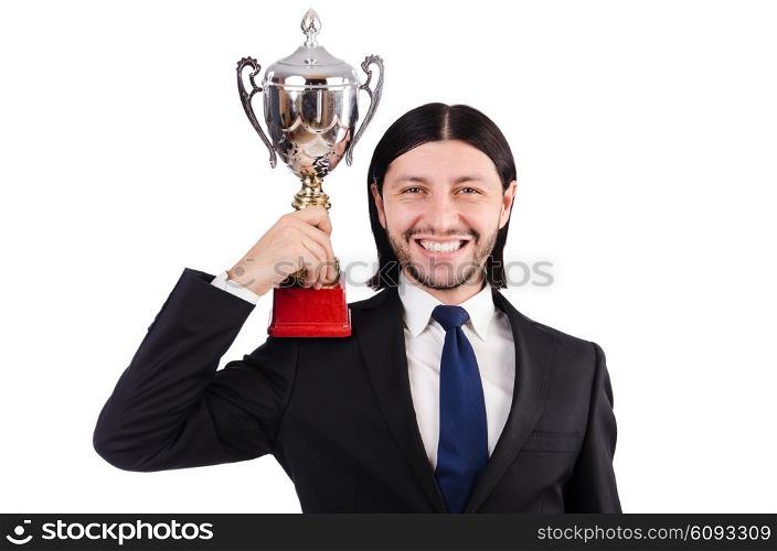 Businessman awarded with prize cup isolated on white