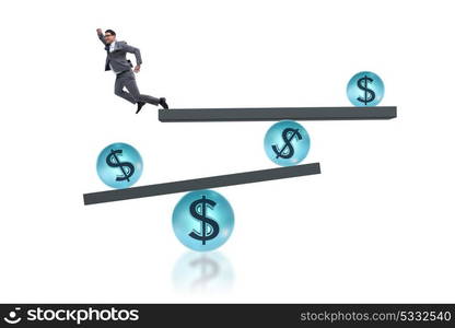 Businessman balancing in financial dollar concept