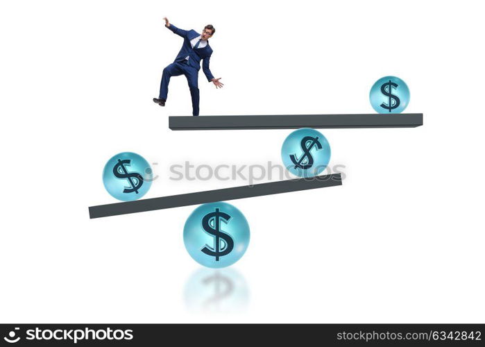 Businessman balancing in financial dollar concept