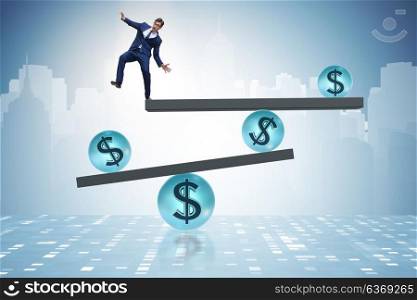 Businessman balancing in financial dollar concept