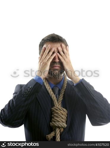 Businessman before suicide, a rope in neck, isolated white studio background