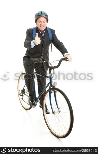 Businessman bicycling to work and giving a thumbs up for energy efficiency. Full Body isolated on white.
