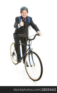 Businessman bicycling to work and giving a thumbs up for energy efficiency. Full Body isolated on white.