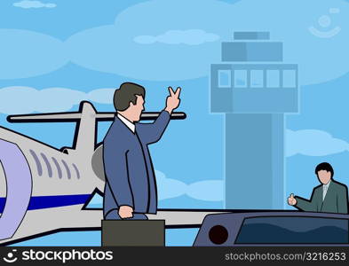 Businessman boarding a plane waving goodbye