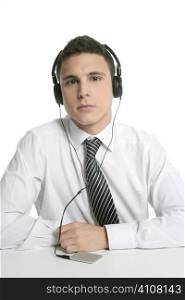 Businessman break in office music headphones isolated on white